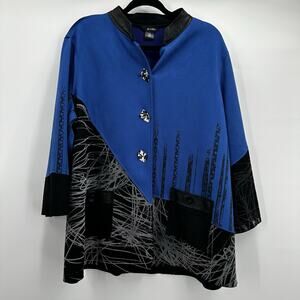 Ali Miles Top Jacket Womens 1X Blue Button Tunic Boxy Art Faux Suede Layering